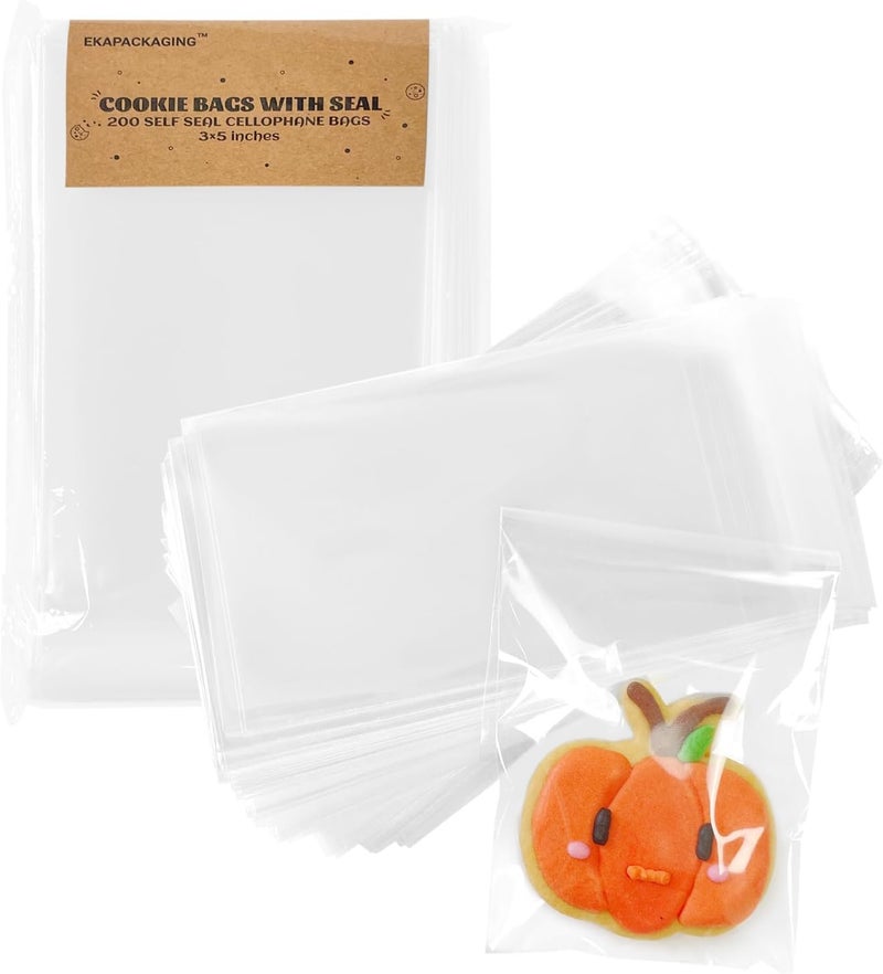 EKAPACKAGING Clear 3x5 Inches 200Pcs Self Sealing Cellophane Cookie Bags Christmas Treat Individual Party Favor Bag Plastic Sealable Small Goodie Cello Snack Gift Packaging with Seal - Image 1